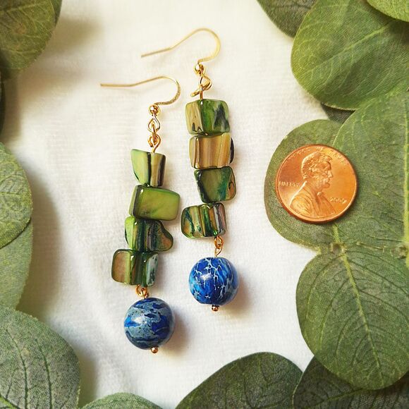 Green Shell Jasper Drop Earrings: Gold Plated Stainless Steel Hooks - Picture 3 of 15